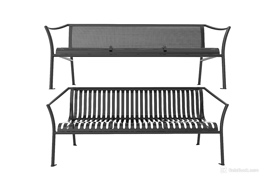 Modern Outdoor Bench With Mesh And Slatted Back Design For Garden Seating 3d model 