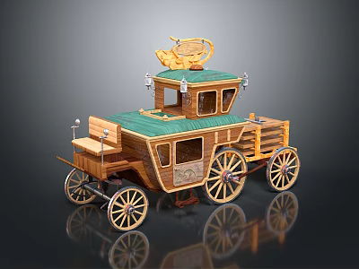 Vintage Wooden Carriage With Green Roof Decorative Top Seat And Wooden Wheels 3d model