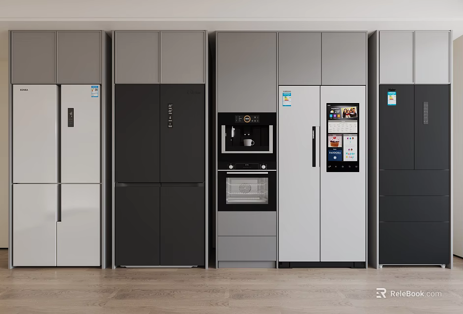 Modern Kitchen Display Of Sleek White Black Gray Refrigerators And Freezers 3d model 