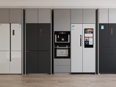 Modern Kitchen Display Of Sleek White Black Gray Refrigerators And Freezers 3d model