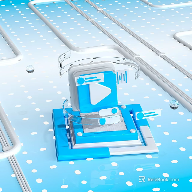 Blue Device With Play Button Icon Transparent Structure And Floating Spheres On Light Blue Background 3d model