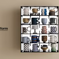 Various Modern Designed Cups Organized On Poliform Black Grid Shelf 3d model