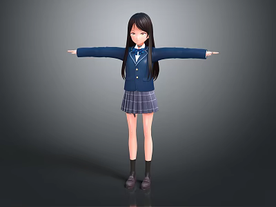 Anime School Girl Standing with Outstretched Arms in Blue Blazer Plaid Skirt on Grey Background 3d model