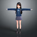Anime School Girl Standing with Outstretched Arms in Blue Blazer Plaid Skirt on Grey Background