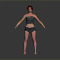 Woman With Red Hair In Strapless Top And Shorts Standing Barefoot On Gray Background