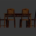 Dining Table Set with Rectangular Wooden Table and Six Carved Chairs 3d model
