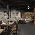 Industrial Style Restaurant Interior With Wooden Bar Metal Structures Dining Tables And Pendant Lights