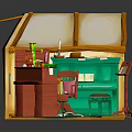 Miniature Room Interior With Wooden Desk Bookshelf Green Piano And Rug