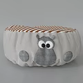 Cute Cartoon Animal Pattern Round Ottoman With Orange Striped Cushion And Gray Character Design