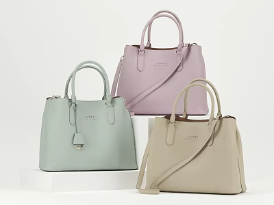 Coach Handbags in Light Green Pink and Beige with Handles and Strap on White Stands 3d model