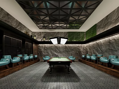 Modern Billiard Room Interior With Central Billiard Table Comfortable Seats And Stylish Ceiling Design 3d model