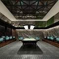 Modern Billiard Room Interior With Central Billiard Table Comfortable Seats And Stylish Ceiling Design
