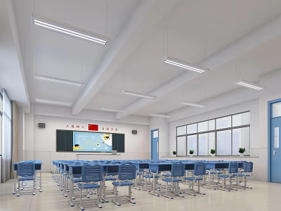Modern School Classroom With Blue Desks Blackboard Large Windows And Lighting 3d model