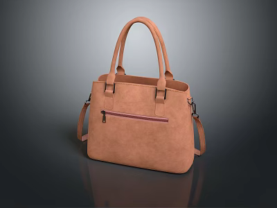 Tan Leather Handbag With Top Handles Shoulder Strap And Front Zip Pocket 3d model
