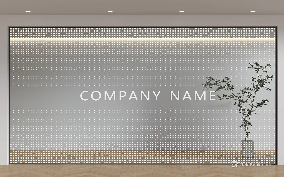 Modern Interior Perforated Metal Partition With LED Lighting Wooden Floor Potted Plant And Company Name 3d model 