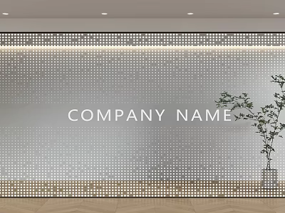 Modern Interior Perforated Metal Partition With LED Lighting Wooden Floor Potted Plant And Company Name 3d model