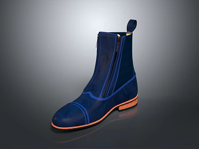 Dark Blue Leather Ankle Boots With Front Zipper And Orange Soles 3d model