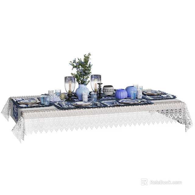Elegant Dinnerware Set on White Lace Tablecloth with Blue Ceramic Plates and Candle Holders 3d model 
