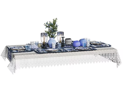 Elegant Dinnerware Set on White Lace Tablecloth with Blue Ceramic Plates and Candle Holders 3d model