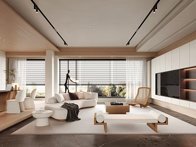 Modern Living Room Interior With White Sofa Coffee Table TV Cabinet And Large Windows 3d model
