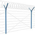 Sturdy Security Fence With Barbed Wire Blue Posts And Metal Bolts