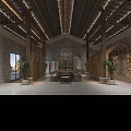 Chinese Style Meeting Room With Wooden Beams Stone Walls Potted Plants And Long Table