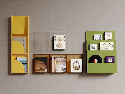 Yellow Green Wall Mounted Storage Shelves For Organizing Books Records Decorative Items On Gray Wall 3d model