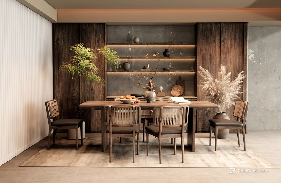 Rustic Wooden Restaurant Interior With Gray Marble Backdrop Open Shelves Green Plants And Dining Table Setup 3d model