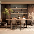 Rustic Wooden Restaurant Interior With Gray Marble Backdrop Open Shelves Green Plants And Dining Table Setup 3d model