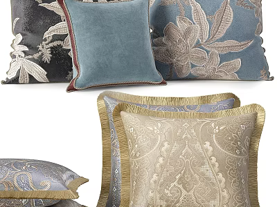 Elegant Decorative Throw Pillows With Floral Patterns Velvet Texture And Fringe Trim 3d model