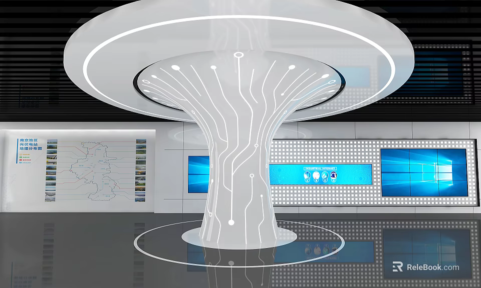 Modern Interior Pillar With Circuit Pattern Design And Surrounding Blue Screens Wall Panels 3d model 