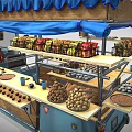Blue Mobile Food Cart With Blue Canopy And Food Display Shelves For Hungry Customers
