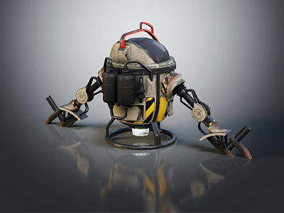 Mechanical Robot Character With Spherical Body Yellow Black Warning Stripes And Mechanical Arms 3d model