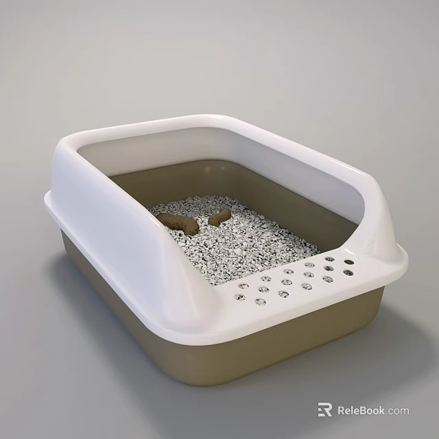 White Brown Open Top Cat Litter Box With Litter Granules And Splash Guard 3d model 