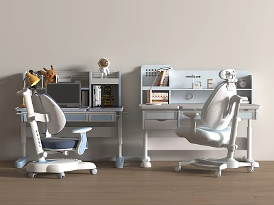 Two Kids Desks with Matching Chairs Bookshelf Toys and Books in Light Room Setting 3d model