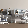 Two Kids Desks with Matching Chairs Bookshelf Toys and Books in Light Room Setting