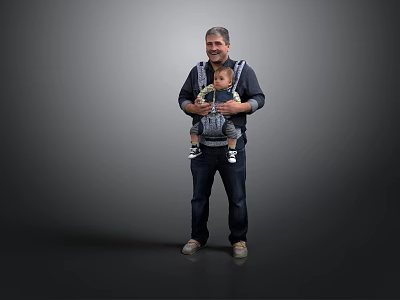 Smiling Man Standing and Holding Baby in Baby Carrier Against Gray Background 3d model