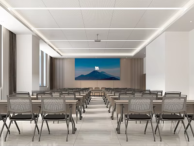 Modern Spacious Conference Room Interior With Large Screen Mountain View Tables And Chairs 3d model