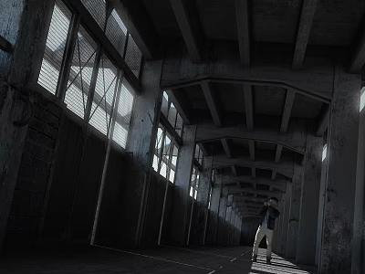 Industrial Elevator Corridor With High Ceiling Concrete Structure And Large Windows 3d model