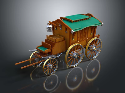 Vintage Wooden Horse Carriage With Green Roof And Golden Wheels Design 3d model