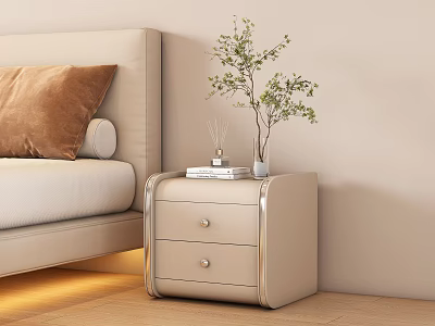 Light Beige Bedside Table with Two Drawers Metal Handles Books Aromatherapy and Small Green Plant 3d model