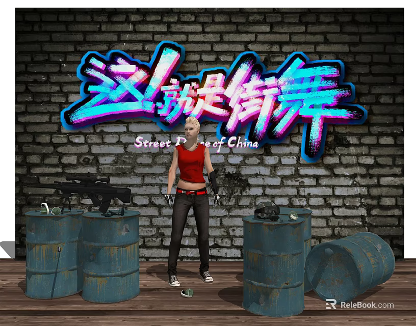 China Street Dance Model Standing By Brick Wall With Neon Sign And Blue Barrels 3d model 