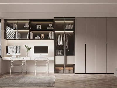 Modern Study Room Interior With Desk Computer Chair And Wooden Bookshelf 3d model