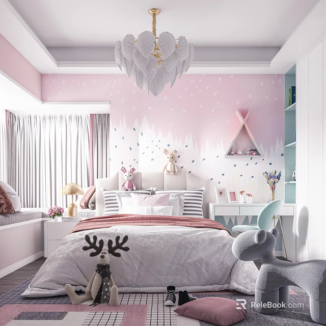 Kids Room Interior With Pink Walls White Chandelier Teepee Stuffed Toys Desk And Bed 3d model 