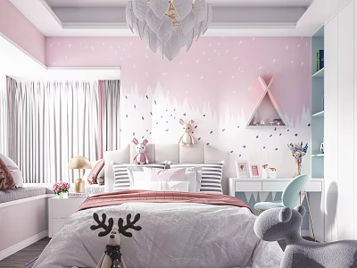 Kids Room Interior With Pink Walls White Chandelier Teepee Stuffed Toys Desk And Bed 3d model