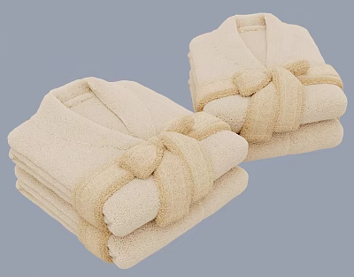 Two Folded Beige Bathrobes With Belt Tied Into Bow Against Light Blue Background 3d model