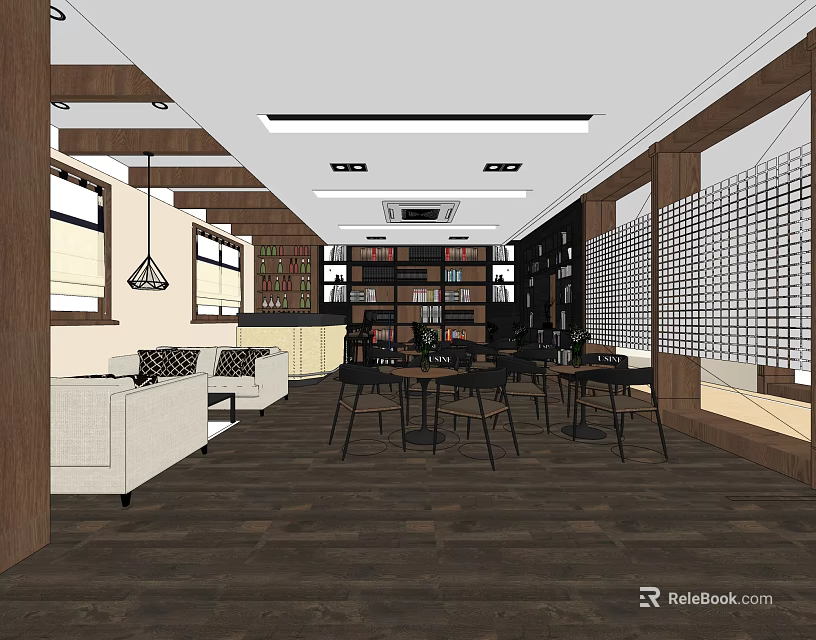 Modern Café Interior Design With Wooden Bookshelves Sofa Seating And Hanging Lights 3d model 