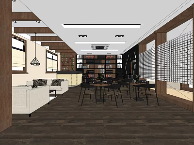 Modern Café Interior Design With Wooden Bookshelves Sofa Seating And Hanging Lights 3d model
