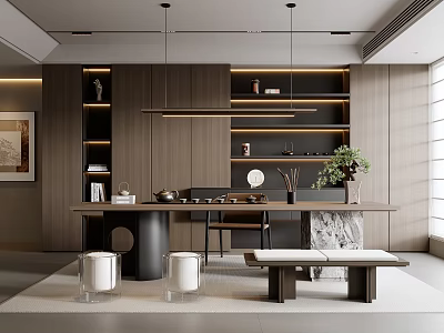 Modern Tea Room Interior Design With Wooden Table Shelves Pendant Lights And Green Plant 3d model
