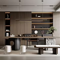 Modern Tea Room Interior Design With Wooden Table Shelves Pendant Lights And Green Plant